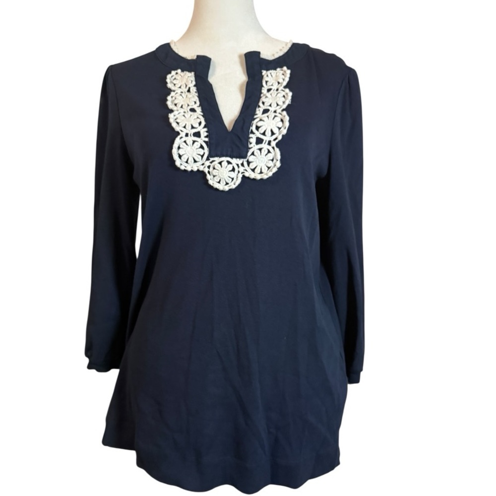 Jones New York Sport Navy with White Crochet Trim Tunic Top